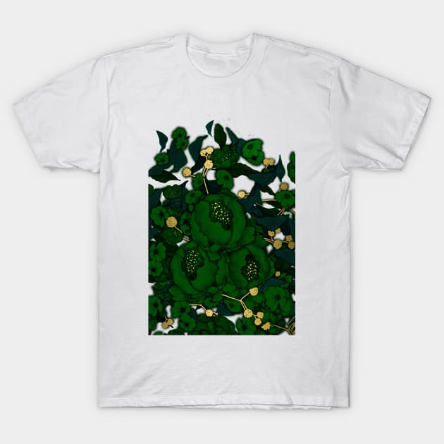 Green Pink and Gold Peony Flowers T-Shirt by JJLosh